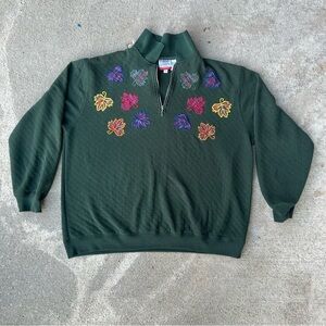 Embroidered Leaves Green Sweatshirt 1/4 Zip